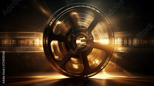Dynamic film reel bathed in golden light beams, symbolizing the magic of cinema