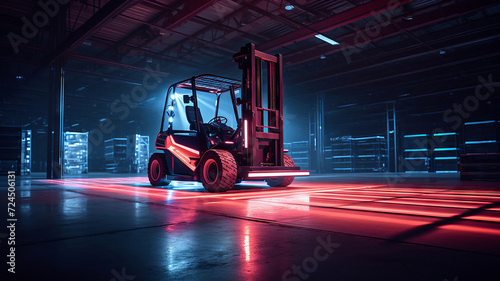 Solitary forklift in a high-ceiling warehouse, with cool neon lighting creating a futuristic atmosphere photo