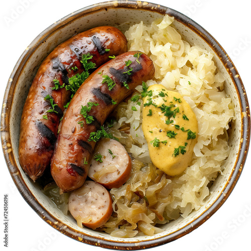 Bowl of rice with delicious grilled sausage, isolated on transparent background. PNG