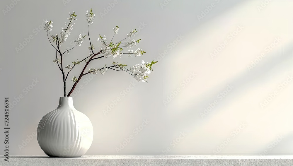 Elegant spring blossom in white vase soft light and vintage design. Stylish floral arrangement on wooden table nature inspired home decor. Minimalist interior in ceramic jug rustic background - obrazy, fototapety, plakaty 