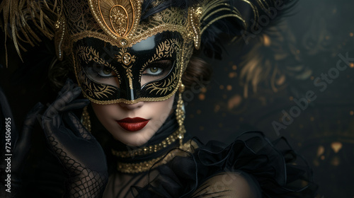 Beautiful woman in glamorous venice mask and gold feathers, in the style fantasy realism. Carnival background