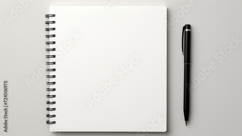 Minimalist composition of a spiral notebook with a matching pen, centered on a bold, monochrome background photo