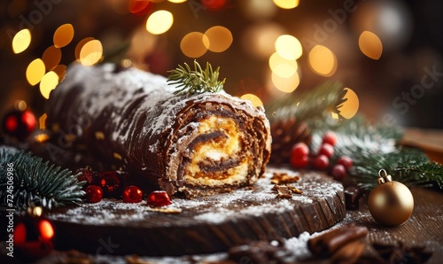 christmas log, traditional christmas cake, buche de noel, chocolate, pastry, decorated with christmas themed elements, family meal and tradition, light and christmas tree, Generative AI 