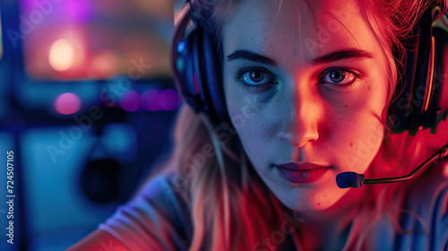 Professional gamer wearing headphones participating in e-Sport tournament. Cybersport concept