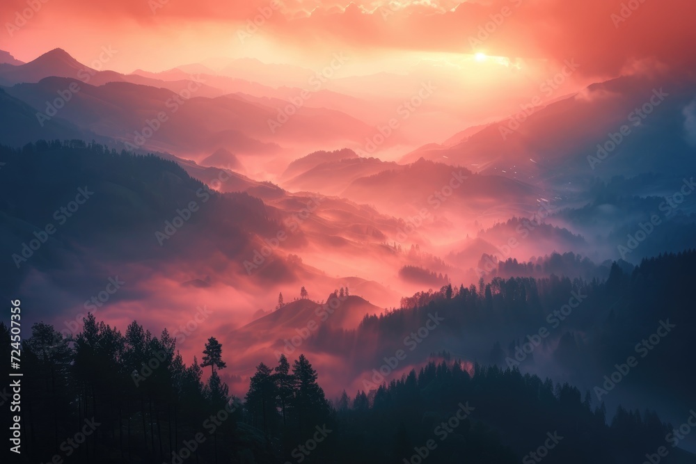 Obraz premium Ethereal Peaks: Sunrise Unfolds in the Mountain Mist
