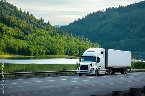 A large white semi truck was driving on the road near the lake. Commercial cargo semi-truck in a refrigerated semi-trailer along the road with green trees near the lake