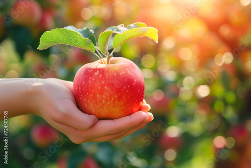 Sunlit apple cradled in hand