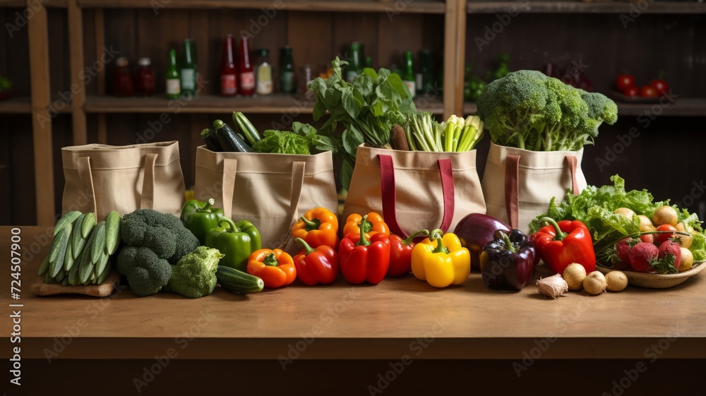 Sustainable grocery shopping with crisp vegetables and fruits in eco