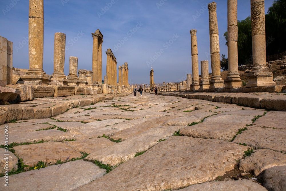 Roman ruins in the Jordanian city of Jerash. The ruins of the walled Greco-Roman settlement of Gerasa just outside the modern city. The Jerash Archaeological Museum.