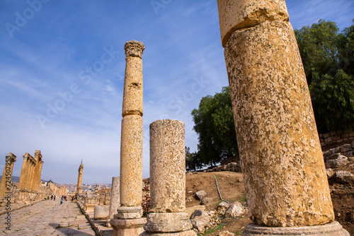 Roman ruins in the Jordanian city of Jerash. The ruins of the walled Greco-Roman settlement of Gerasa just outside the modern city. The Jerash Archaeological Museum.