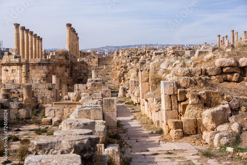 Roman ruins in the Jordanian city of Jerash. The ruins of the walled Greco-Roman settlement of Gerasa just outside the modern city. The Jerash Archaeological Museum. #724508124