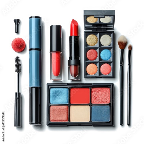Feminine Desk Cosmetics Lipstick Eye Shadows On White Background, Illustrations Images