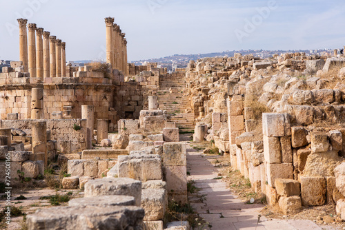 Roman ruins in the Jordanian city of Jerash. The ruins of the walled Greco-Roman settlement of Gerasa just outside the modern city. The Jerash Archaeological Museum.