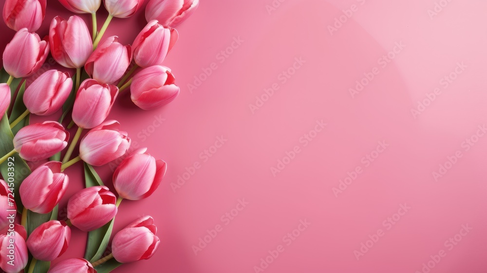 Obraz premium Pink tulips with fresh green leaves on a pink background. Beautiful background for a holiday, valentine's day, women's day. An empty space for the text.