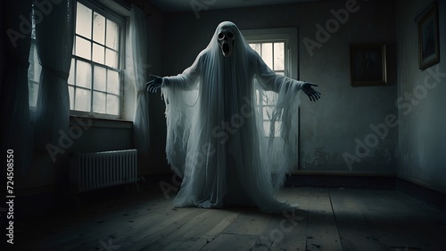 scary ghost standing in a empty room, unholy spirit, spooky ghost  © K4VEE