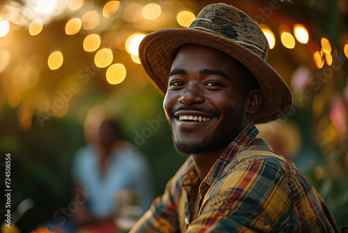 Picnic evening, happy African American guy in a hat relaxing in backyard of a house