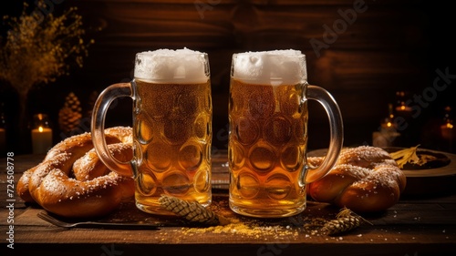 Frothy mugs of beer beside golden pretzels  set on a rustic wooden table with soft lighting