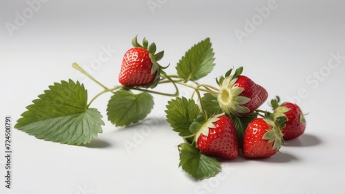 red strawberries and green leaf with white background  in close up photo