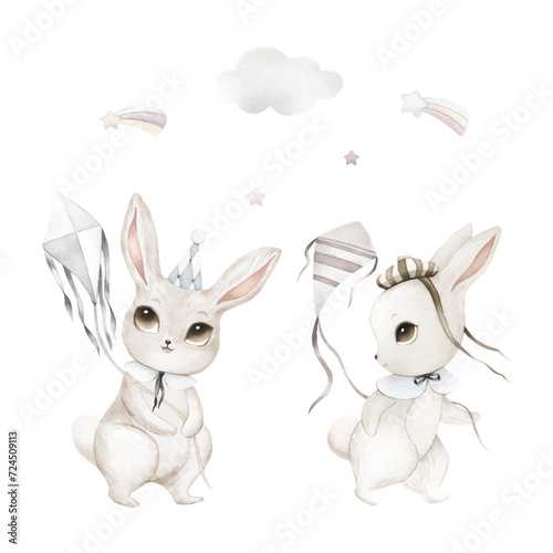 Watercolor illustration of cute bunny, rabbit, hare with kite. Gray, brown, blue set of cutie animal portrait in pastel colors with hat, collar, bow. Stickers, wall art, kids room decoration, easter 