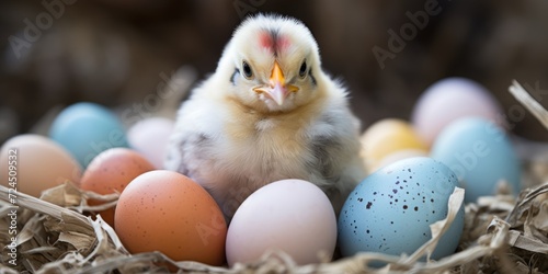 cute easter chicken with eggs. ai generated