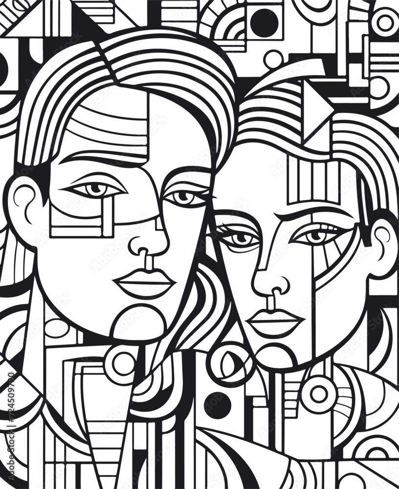 Abstract art vector outline illustration of couple, man and woman portrait. Black and white coloring page of human faces.