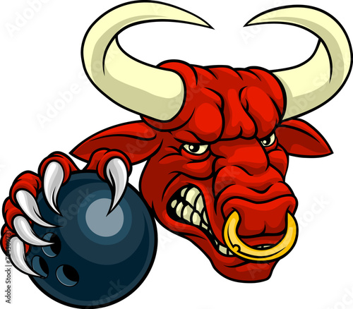 A bull or Minotaur monster longhorn cow angry mean ten pin bowing mascot cartoon.