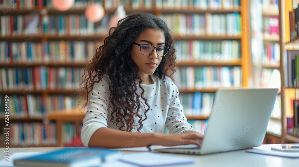 A beautiful smart girl uses a laptop, studies in the university library. Preparing for college exams. A beautiful smart girl uses a laptop, studies in the university library. Preparing for college exams.