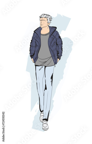 Fashion man set. Sketch of a fashion man in a jacket on a white background. Autumn man. Street style