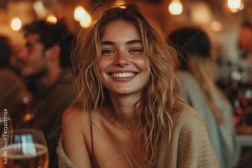 Radiant young woman with a sparkling smile enjoying a vibrant festival with bokeh lights in the background.