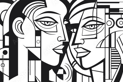 Abstract art vector outline illustration of couple, man and woman portrait. Black and white coloring page of human faces.