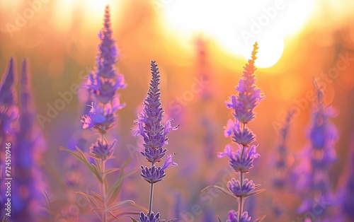Close-up of purple flowers growing on the field during sunset © AZ Studio