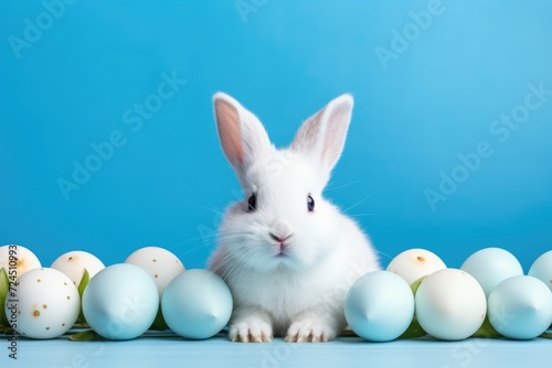 Cute bunny with Easter eggs on blue background with copy space. ai generated