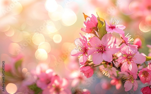 Pink cherry tree flowers bloom in spring on the natural sunny blurred background of the bokeh garden banner © AZ Studio