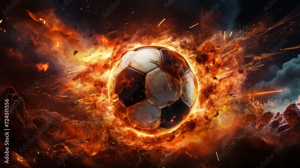 Fototapeta premium Dynamic scene of a football with sparks flying, as if being passed at high speed on a fiery red field