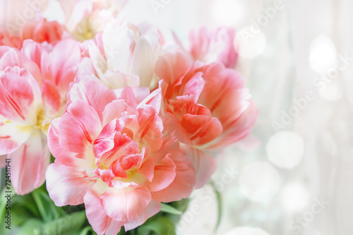 Pink tulips on a light background. Spring tulip flowers close up. Card for Easter  Mother s Day or Valentine s Day