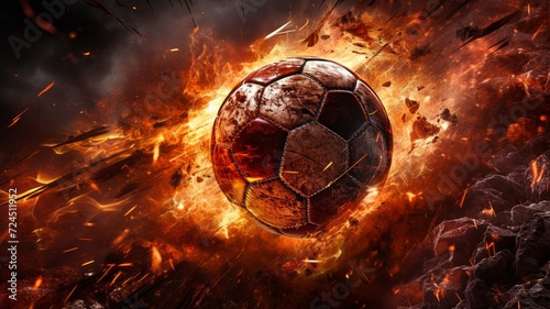 Dynamic scene of a football with sparks flying, as if being passed at high speed on a fiery red field photo
