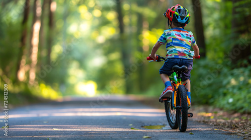 Kid Cyclist on a Trail - An 8-year-old wearing a helmet, riding a vibrant bike with joy and confidence on a scenic trail surrounded by nature's beauty. A delightful symbol of youthful energy