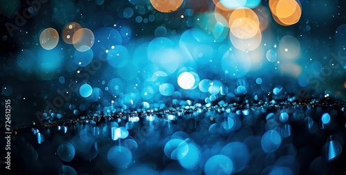 Blue bokeh, raining light, blurry lights, blurry background, blue confettis on a black background, underwater, night lights, city lights, haze, depth of field, round bokeh, circle, Generative AI 