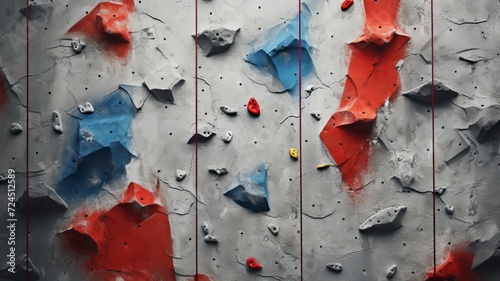 Rock-climbing wall with vibrant red and blue grips, set against a stark, grey concrete backdrop