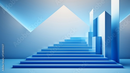 Three-dimensional white arrow ascending bright blue steps against an abstract geometric background