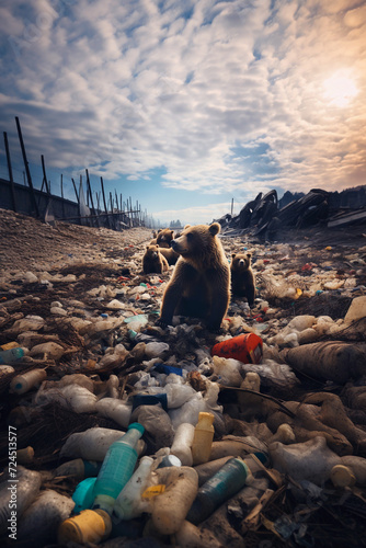 A pack of bears is looking for food in a garbage dump. Bears around plastic waste. Vertical. The concept of the relevance of environmental problems and waste recycling