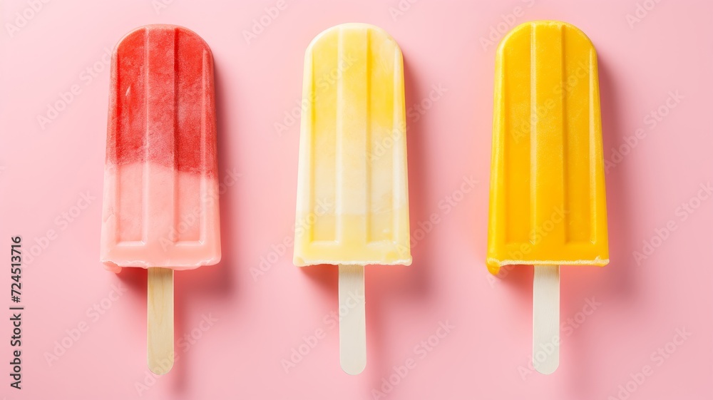ice pops, showcasing refreshing summer treats in pink, white, and yellow on a crisp background