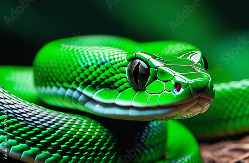 A bright green venomous snake curled up in a ring. Symbol of the Year 2025, Year of the Snake