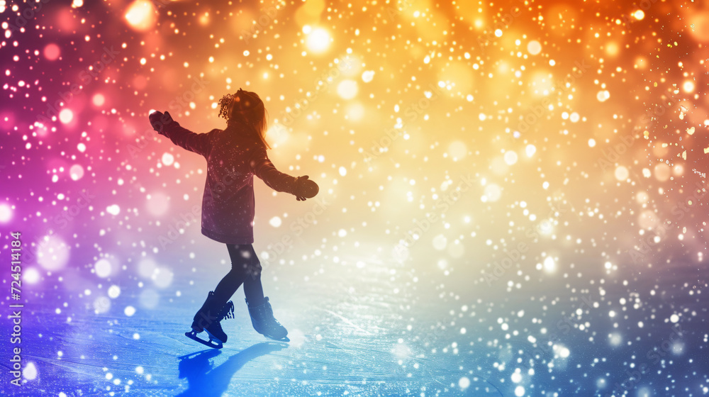 A talented 10-year-old ice skater gracefully glides across the rink, wearing a dazzling sparkling outfit that catches the light.