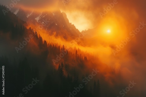 Ethereal Peaks: Sunrise Unfolds in the Mountain Mist