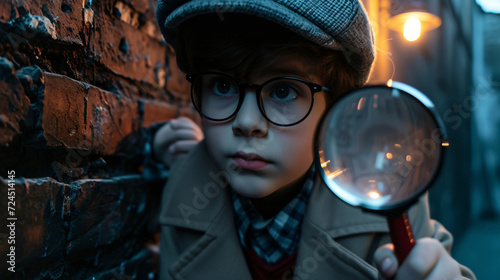 A determined 12-year-old Junior Detective wearing a detective hat and coat, ready to solve mysteries in the bustling city streets. With a magnifying glass in hand, this young sleuth is on a