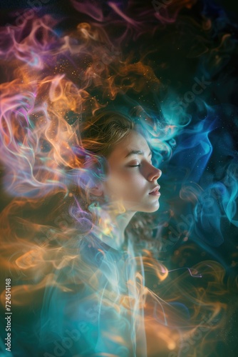 A girl or young woman with beautiful flawless glowing skin having starry astral experience in cosmic smokey environment