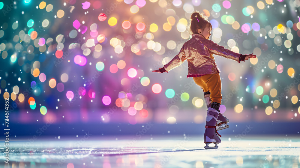 A talented 10-year-old ice skater, dressed in a stylish skating outfit, gracefully glides across the ice in a beautiful ice rink, sparkling with winter magic.