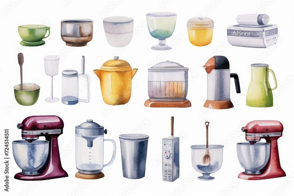 Kitchen appliances that can bake, heat food, mix various substances, mince, keep products fresh and mix ingredients. Watercolor style. Kitchen appliances that can bake, heat food, mix various substances, mince, keep products fresh and mix ingredients. Watercolor style.