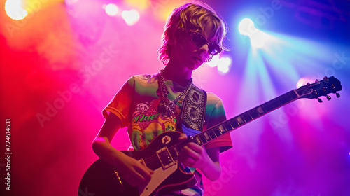 Young rock star sensation stands on a vibrant stage, commanding attention with their toy guitar amid dazzling lights and electrifying colors. The future of music is here!